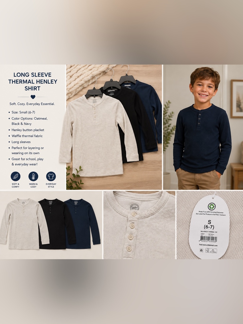 wonder nation Long Sleeve Henley Shirt - Oatmeal, Black & Navy
